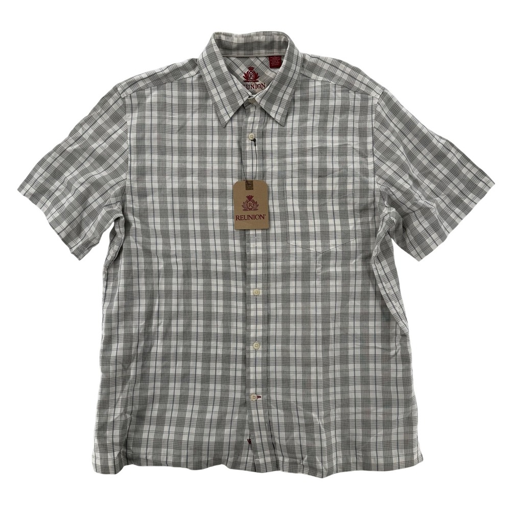 Reunion Shirt Mens Medium White Gray Plaid Short Sleeve Button Up Casual New